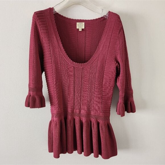 TORN BY RONNY KOBO | knit peplum top sweater burgundy red sz M - Picture 4 of 6